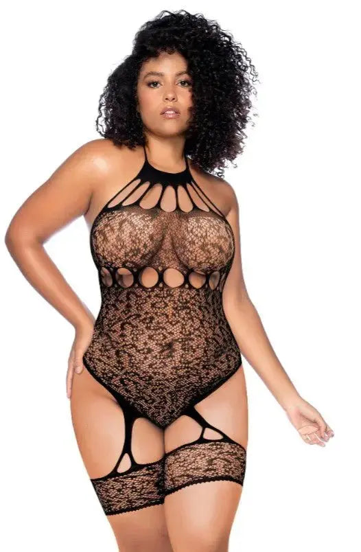 Leopard Halter Fishnet Bodysuit - Curve Os - Black – body-safe materials | Fu'Cha Exotics