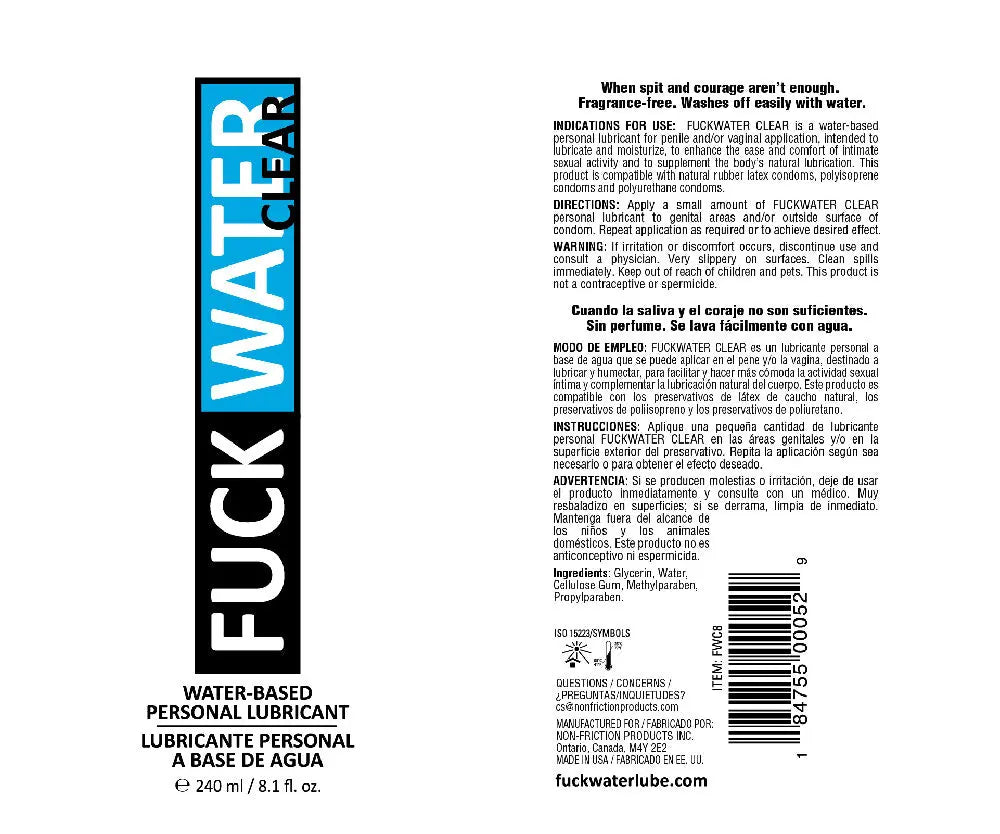 Fuck Water Clear 8.1oz Water Based Lubricant – body-safe materials | Fu'Cha Exotics