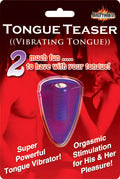 Purple vibrating tongue teaser toy in retail package, tongue-shaped insert