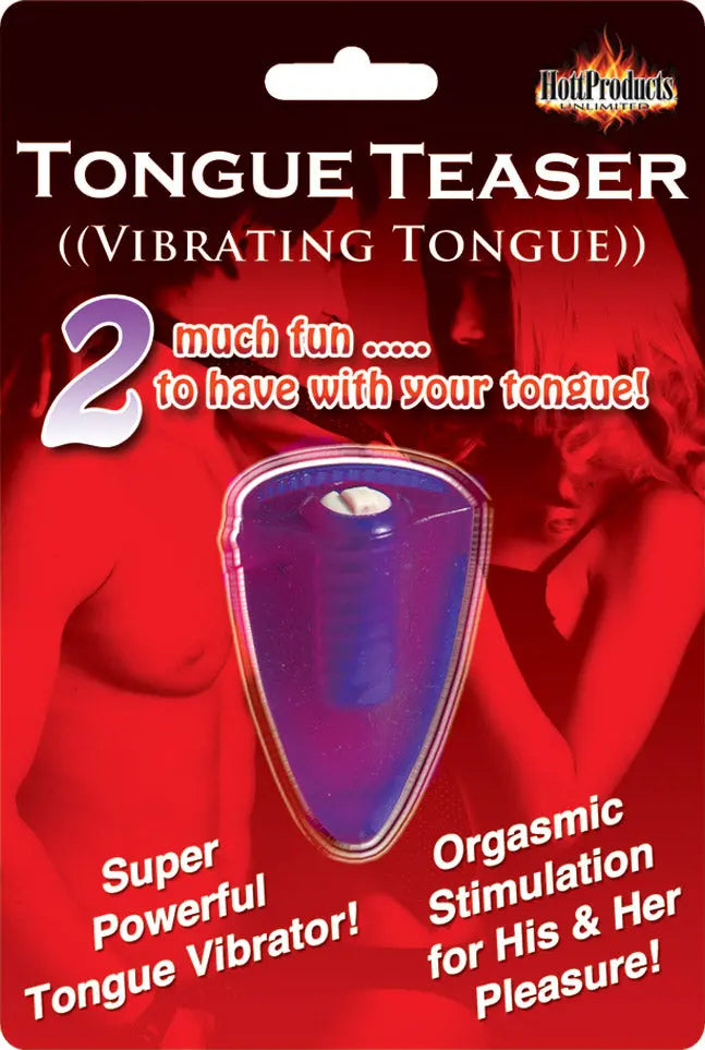 Purple vibrating tongue teaser toy in retail package, tongue-shaped insert