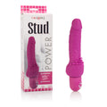 Pink waterproof stud-style vibrator with curved, tapered head and ridged grip