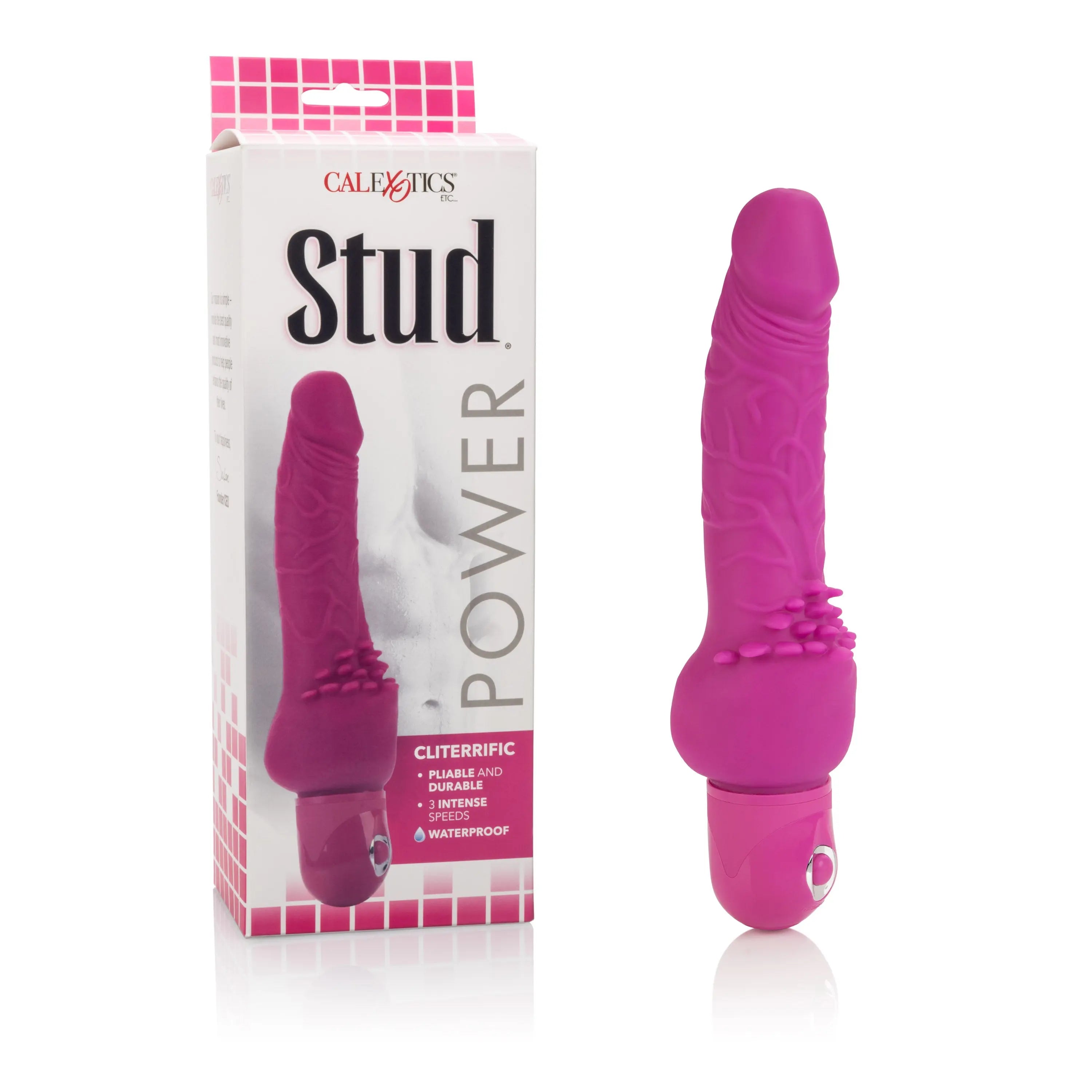 Pink waterproof stud-style vibrator with curved, tapered head and ridged grip