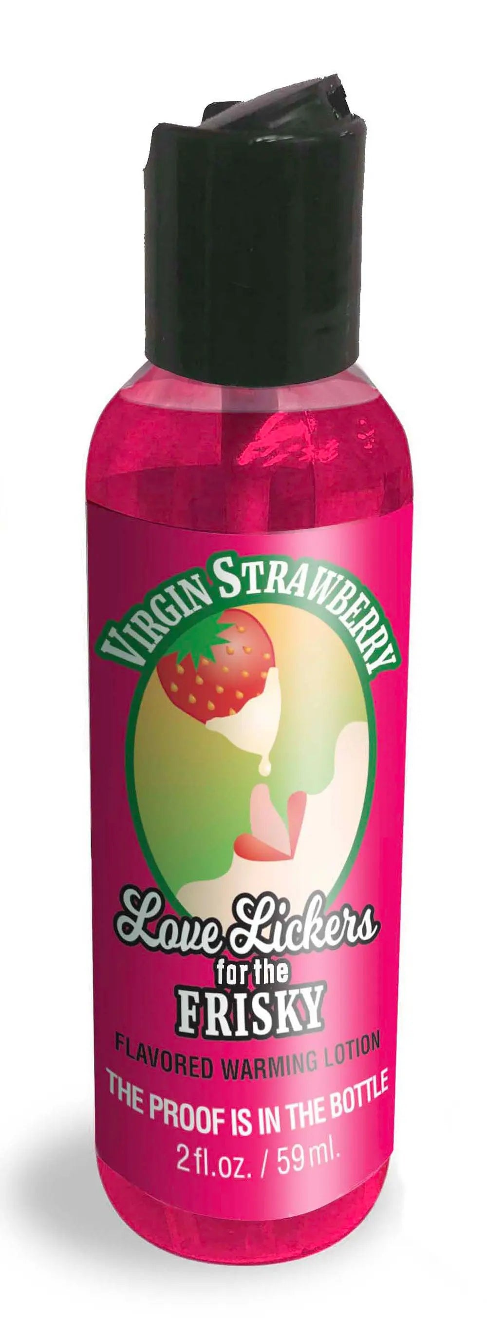 Pink massage oil bottle with black cap; label shows Virgin Strawberry.