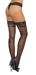 Black lace-top thigh-high stockings with bow accents