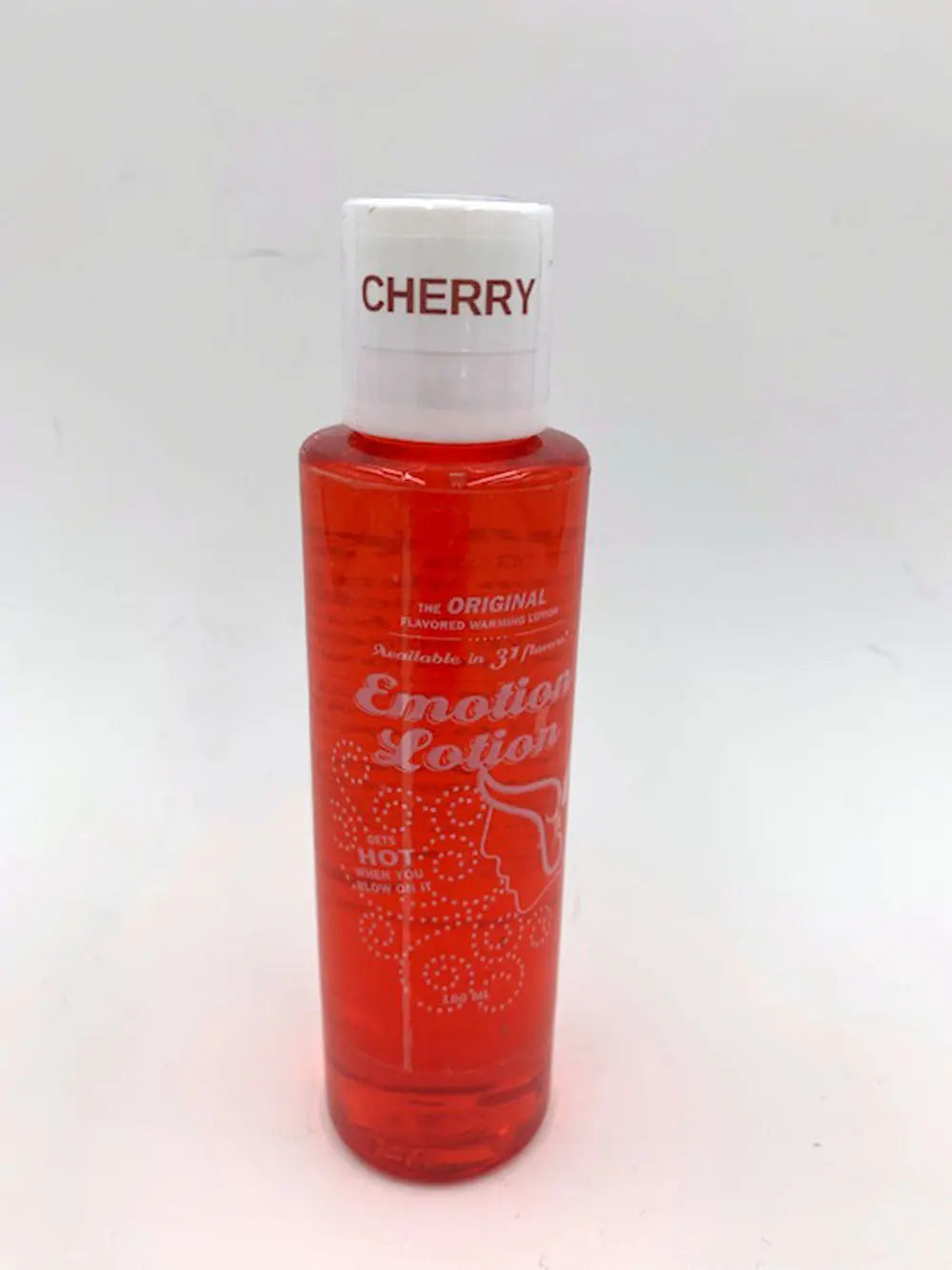 Cherry lotion bottle with white cap, red translucent container, 4 fl oz