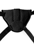 Black plush vibrating harness with front panel and adjustable fabric straps