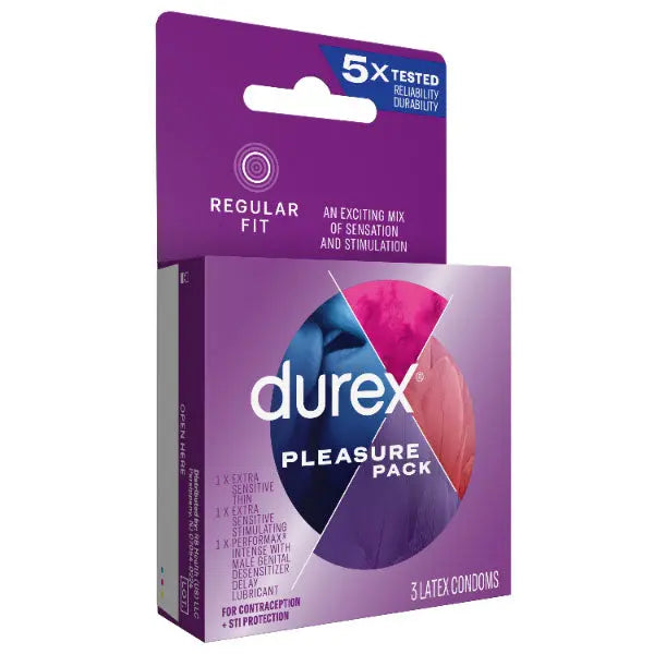 Purple Durex Pleasure Pack box with 3 latex condoms