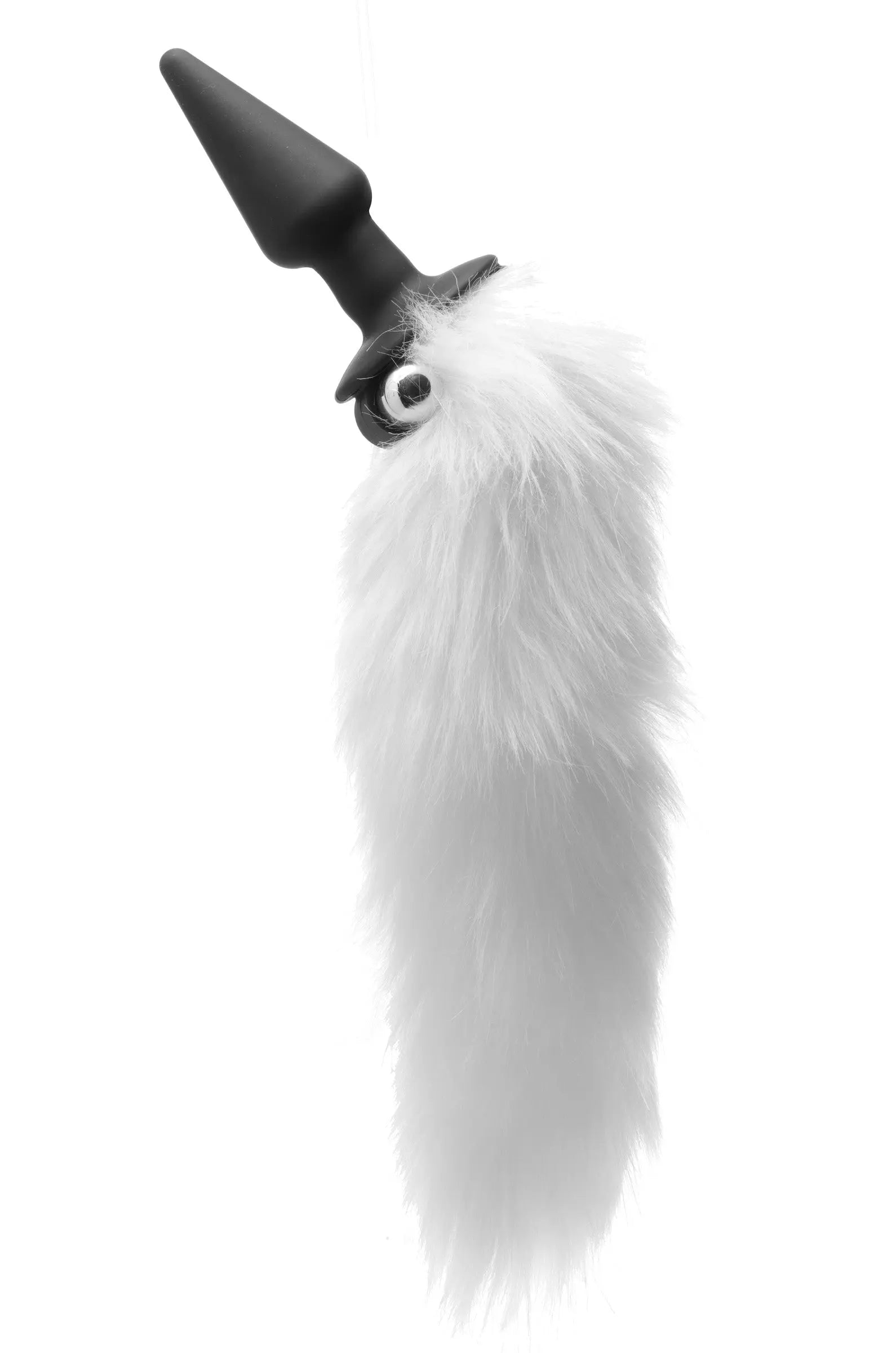 Black vibrating anal plug with white fox tail, long feathery fur
