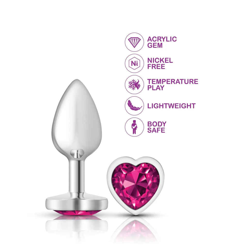 Bright Pink Heart Gem Silver Metal Plug - Md – body-safe materials | Fu'Cha Exotics