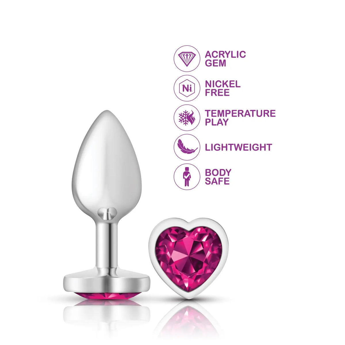 Bright Pink Heart Gem Silver Metal Plug - Md – body-safe materials | Fu'Cha Exotics