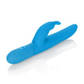 Blue silicone bunny massager with two ear tips and curved wand