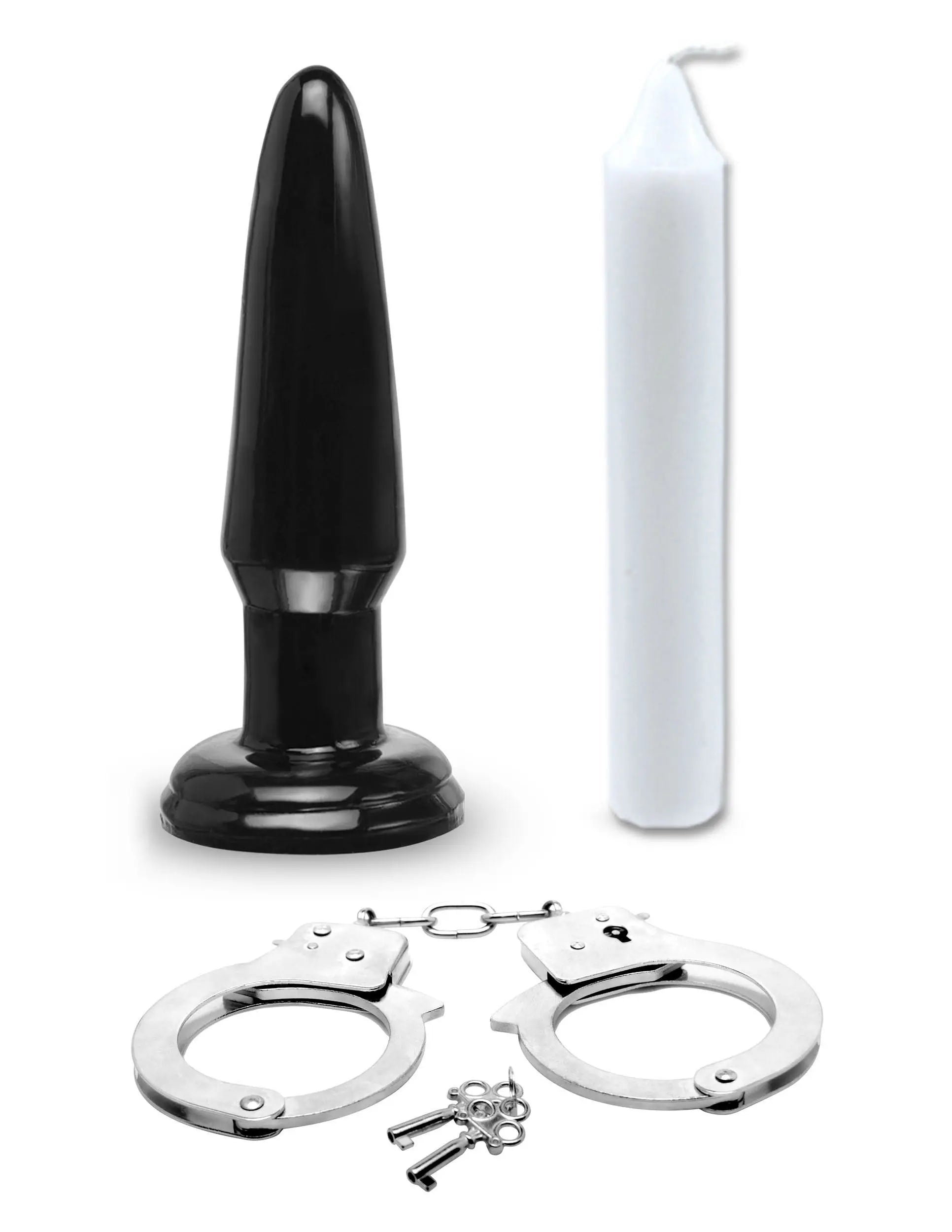 Bondage kit with black butt plug, white taper candle, metal handcuffs and key