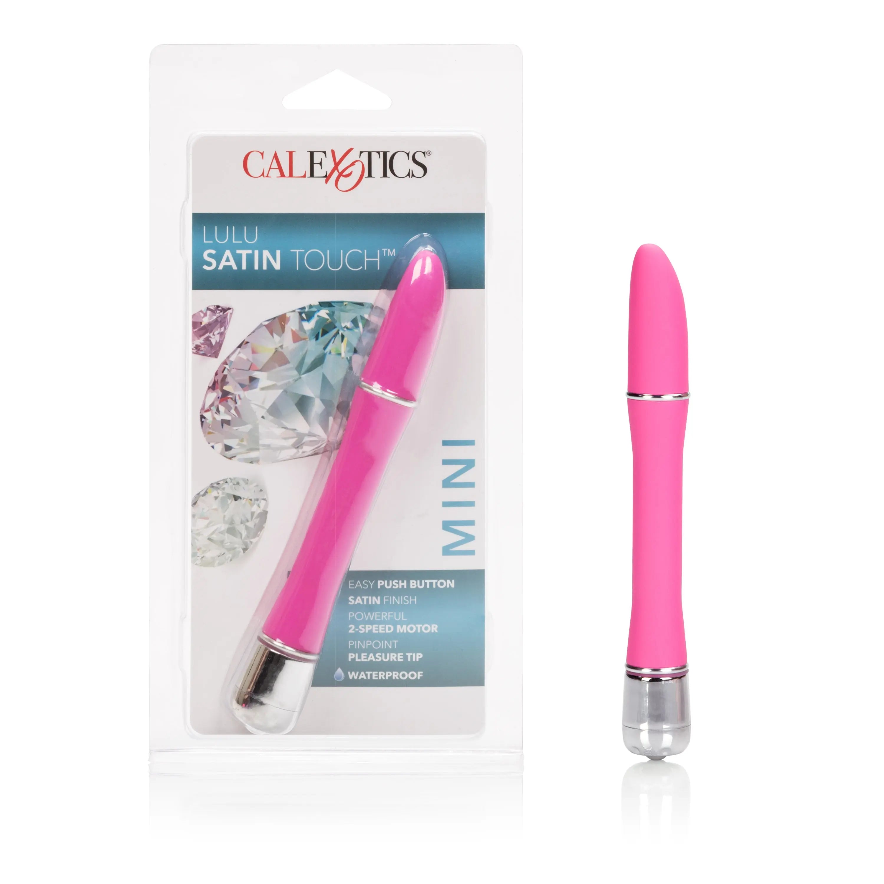 Pink satin touch vibe sex toy with smooth wand body and silver base ring