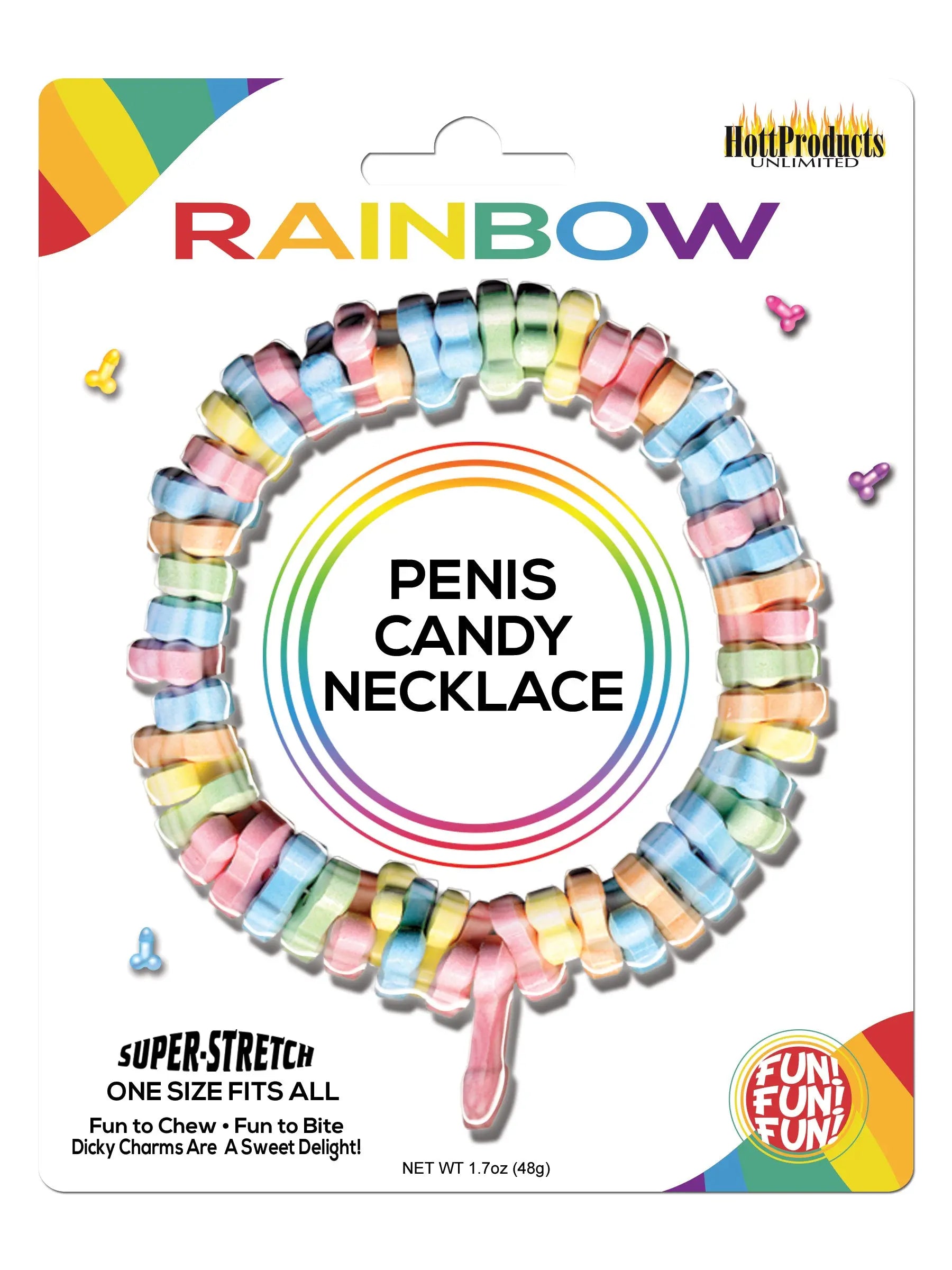 Penis candy necklace with rainbow candy links, multicolor striped beads