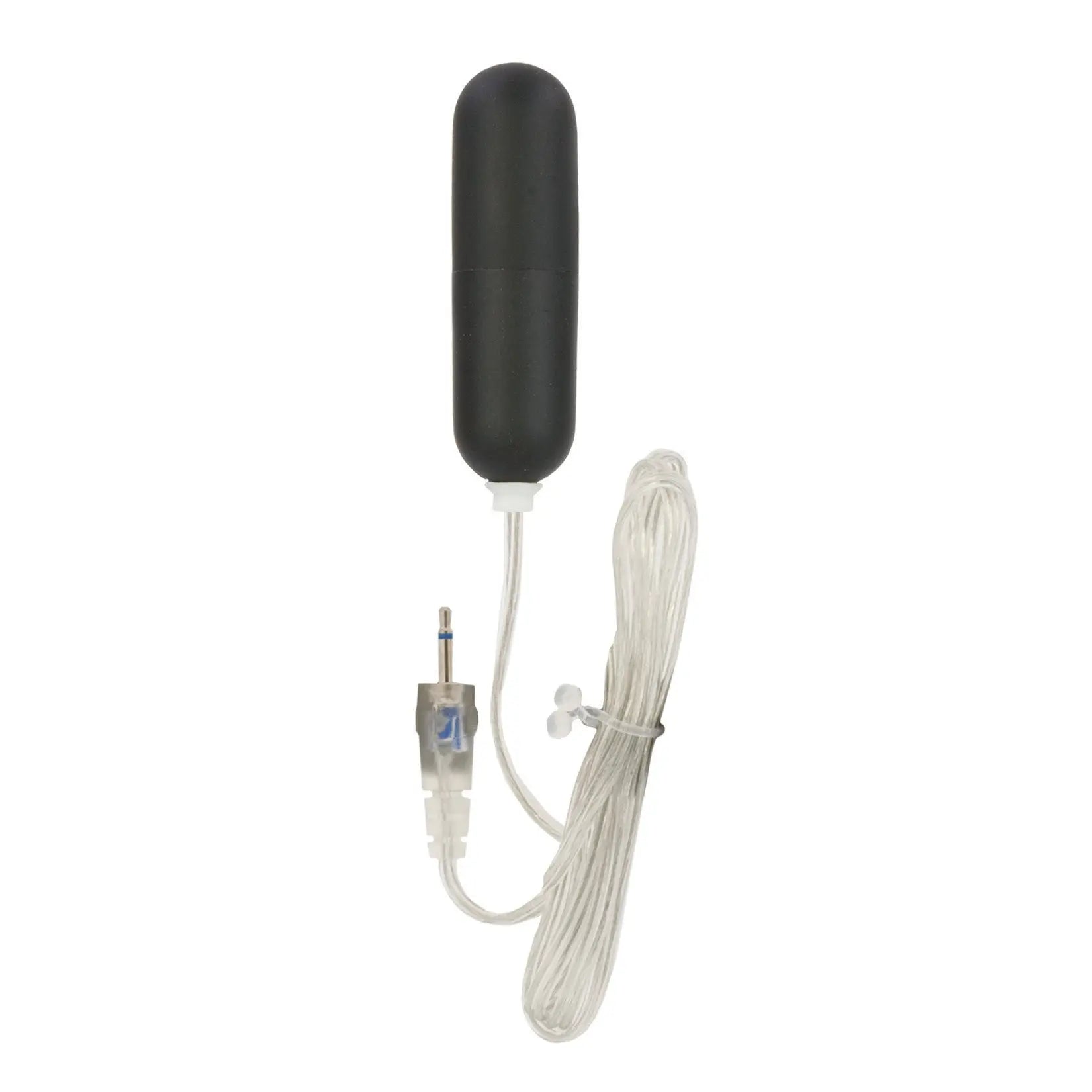 Slimline velvet bullet with dark cylindrical body and white cord with clear connector