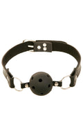 Breathable ball gag with black fabric strap and metal rings, black perforated ball