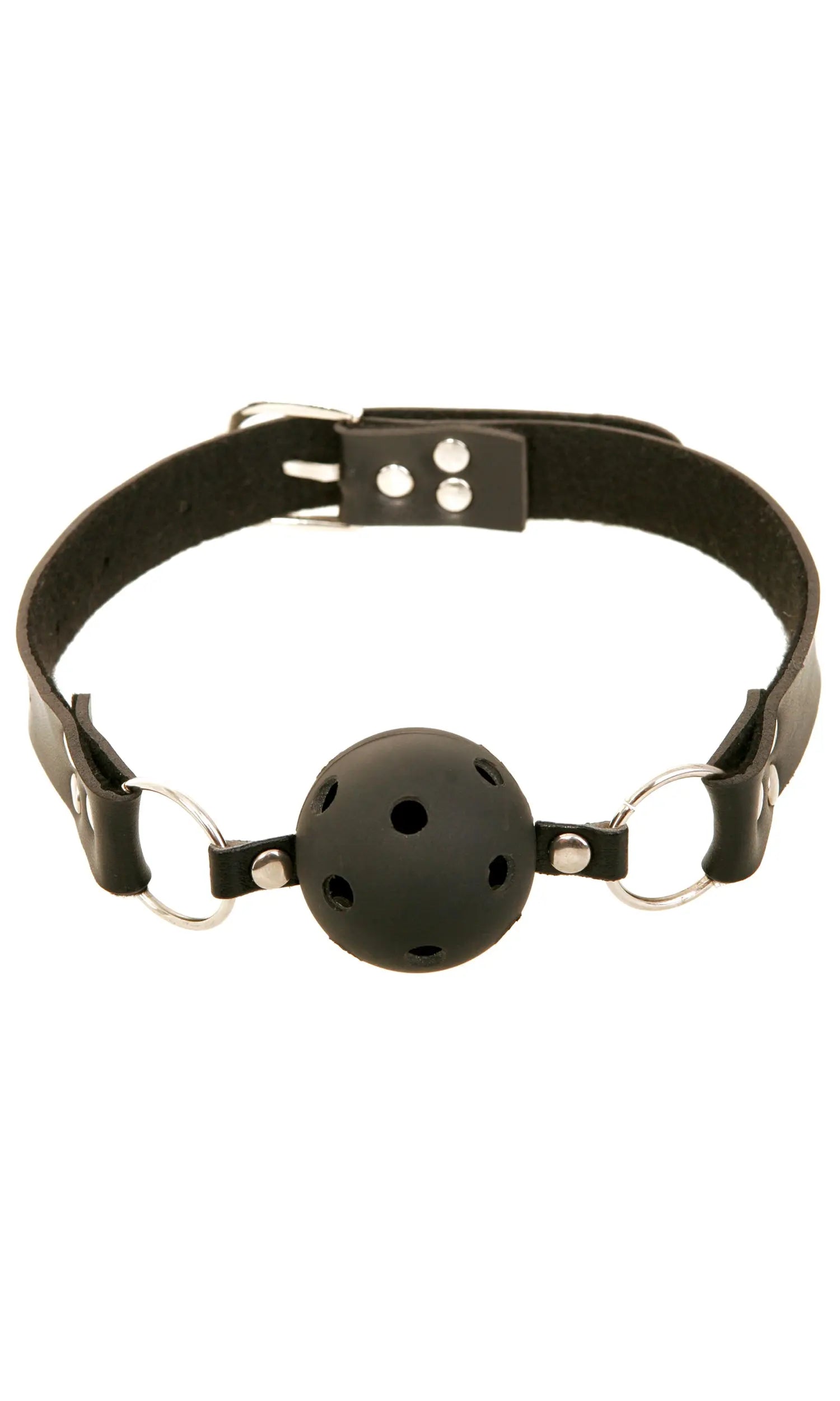 Breathable ball gag with black fabric strap and metal rings, black perforated ball