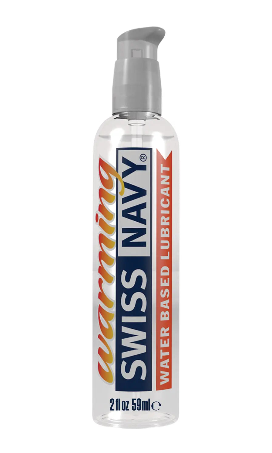 Swiss Navy water-based lubricant bottle, 2 fl oz; pump dispenser.