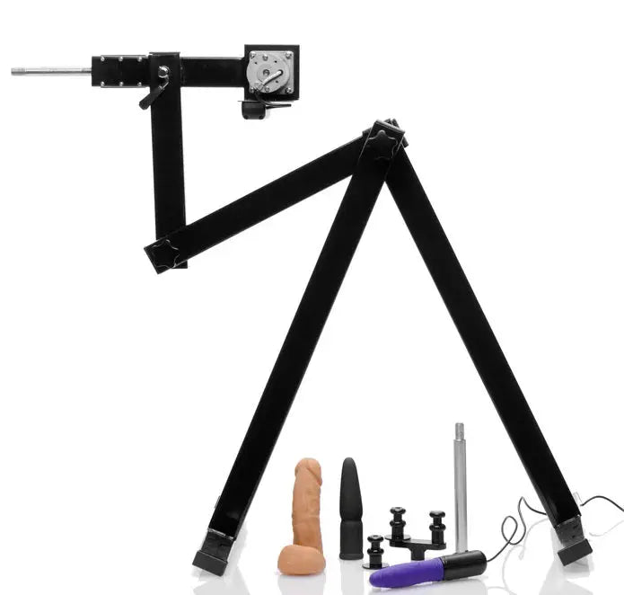 Adjustable black metal sex machine frame with mounting arms and control hardware