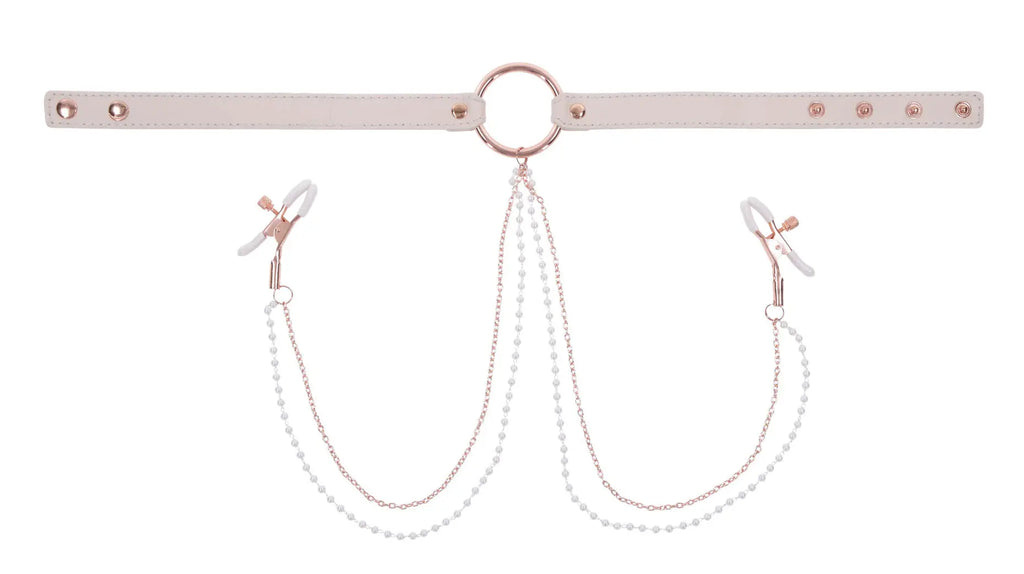 Peaches N Creame Collar With Nipple Clamps - Pink – genuine leather adjustable intensity | Fu'Cha Exotics