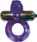 Purple bunny-shaped pet buzz toy with circular ring and bar mount