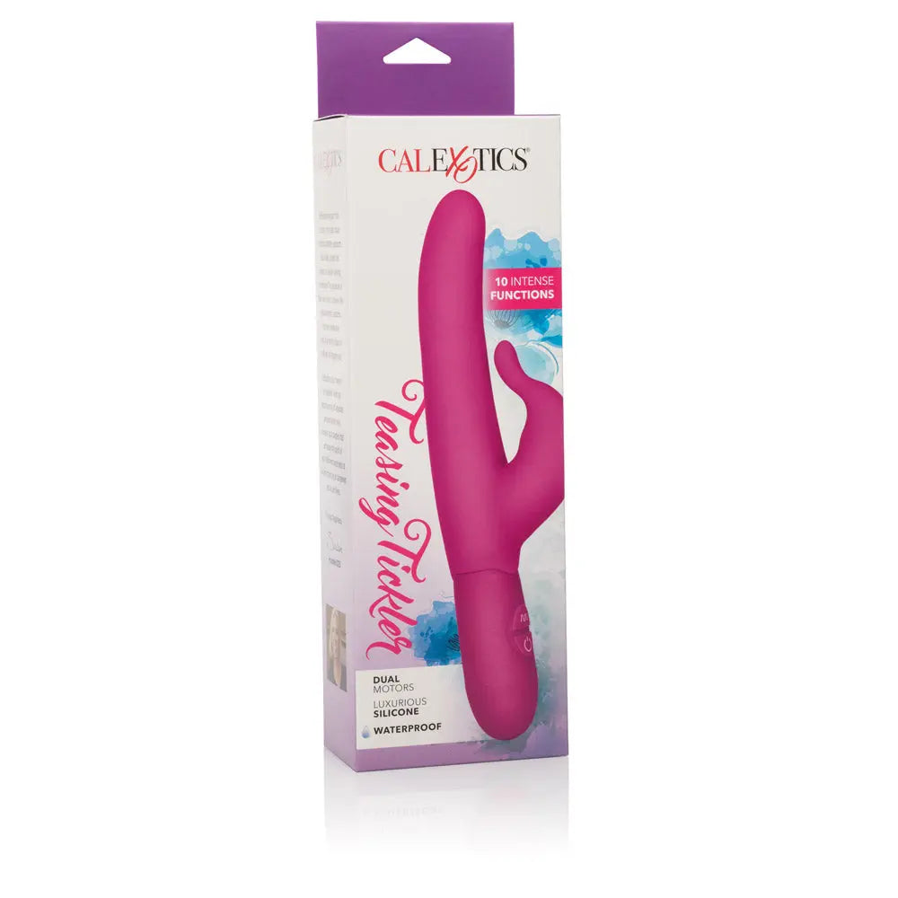 Pink silicone teaser toy with curved tip and wide base
