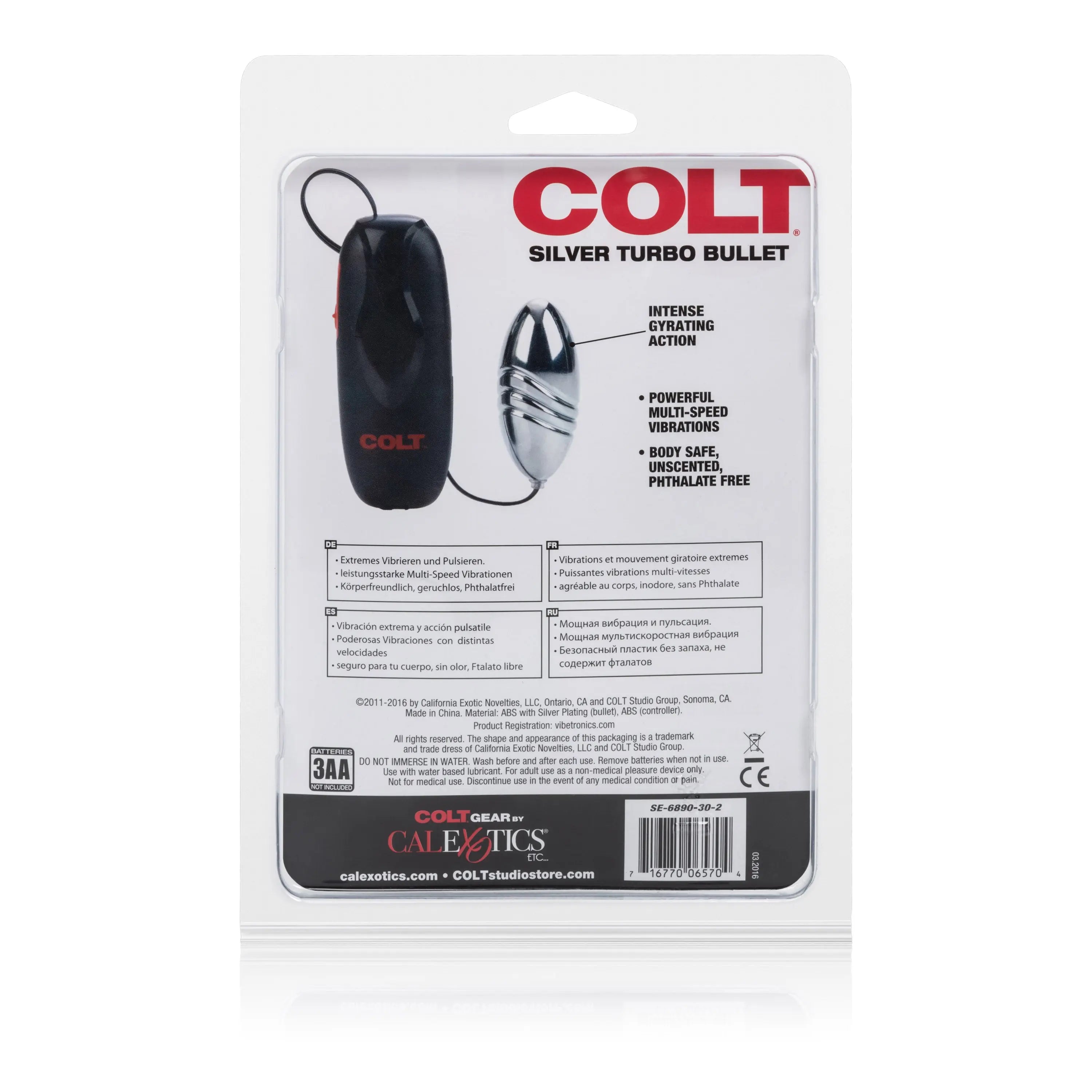 Silver bullet vibrator with black pouch, shown in retail package