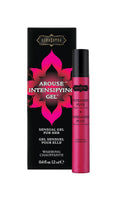 Warming arousal gel bottle and box, pink cylindrical container with dark cap