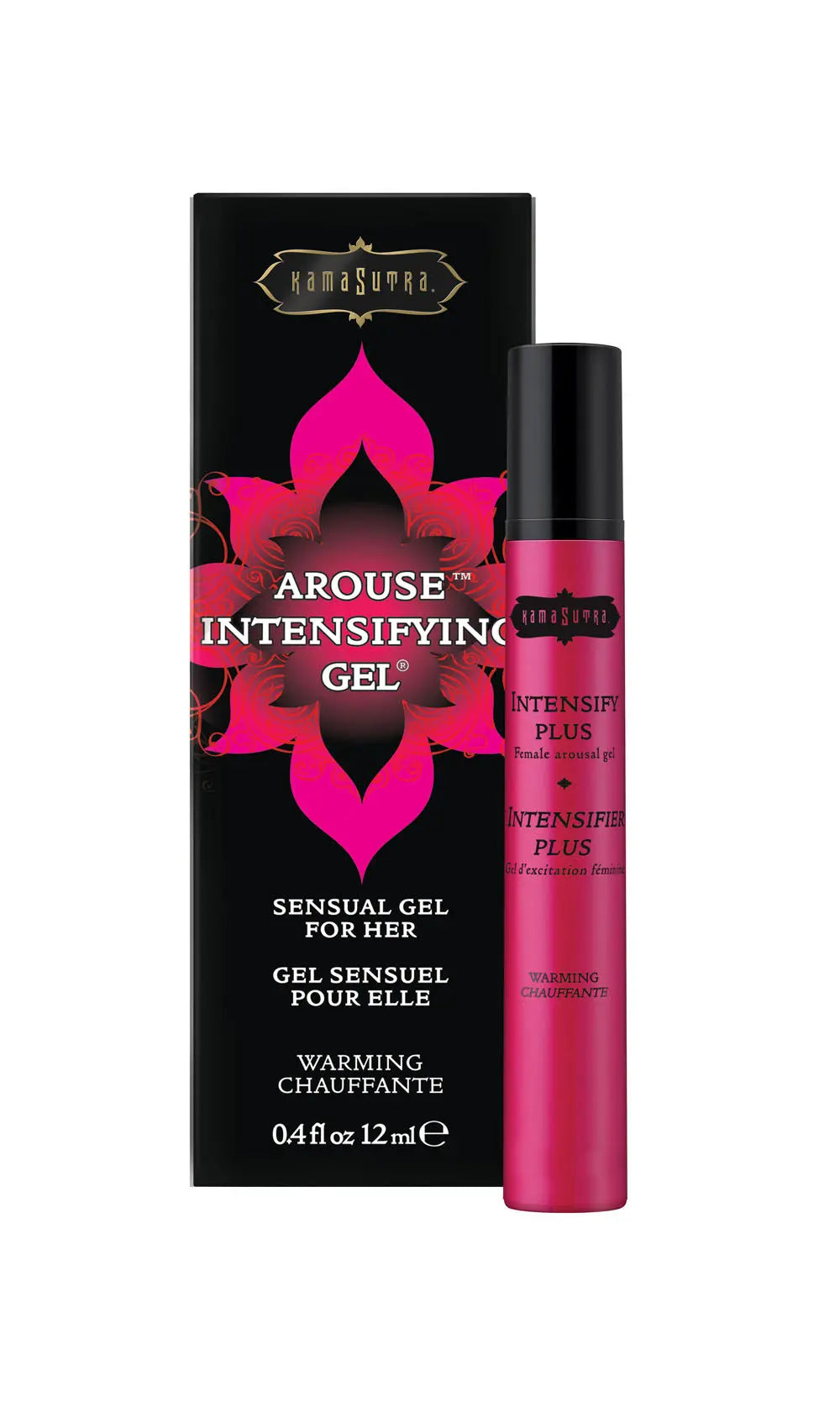Warming arousal gel bottle and box, pink cylindrical container with dark cap