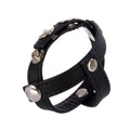 Black leather strap divider piece with silver-tone snap buttons and metal rings