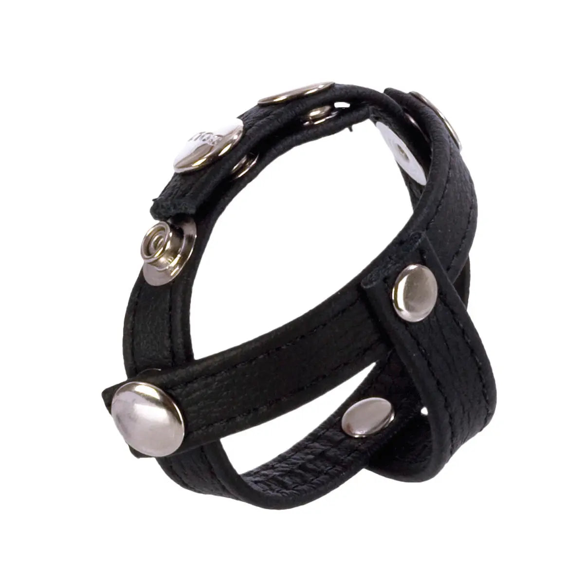 Black leather strap divider piece with silver-tone snap buttons and metal rings