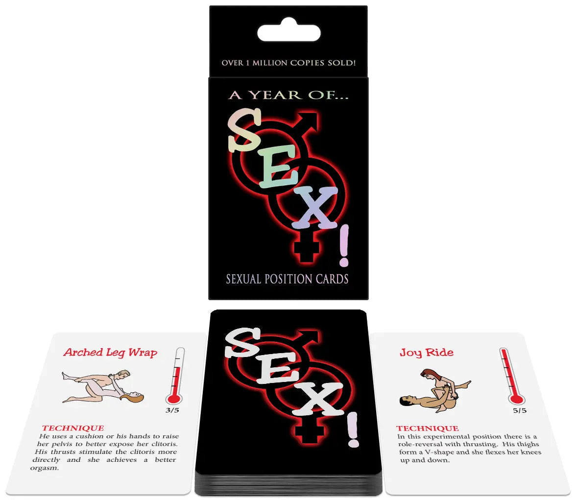 Card game box with sexual position cards, plus two illustrated instruction cards