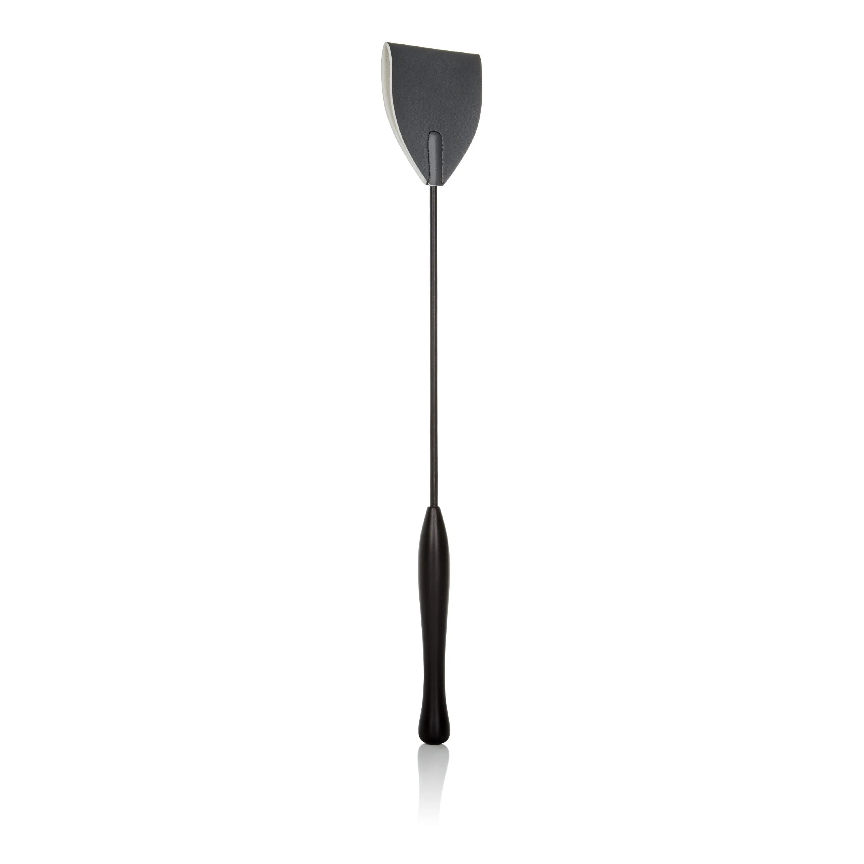 Black riding crop with curved handle and wide paddle tip