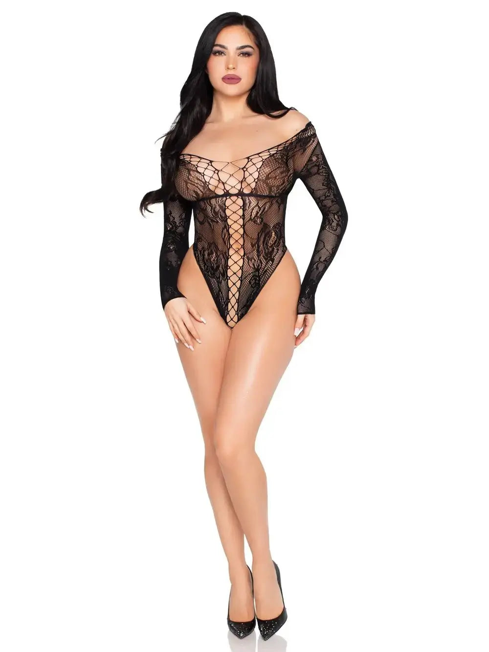 Net and Lace Crotchless Teddy - Os - Black – body-safe materials | Fu'Cha Exotics