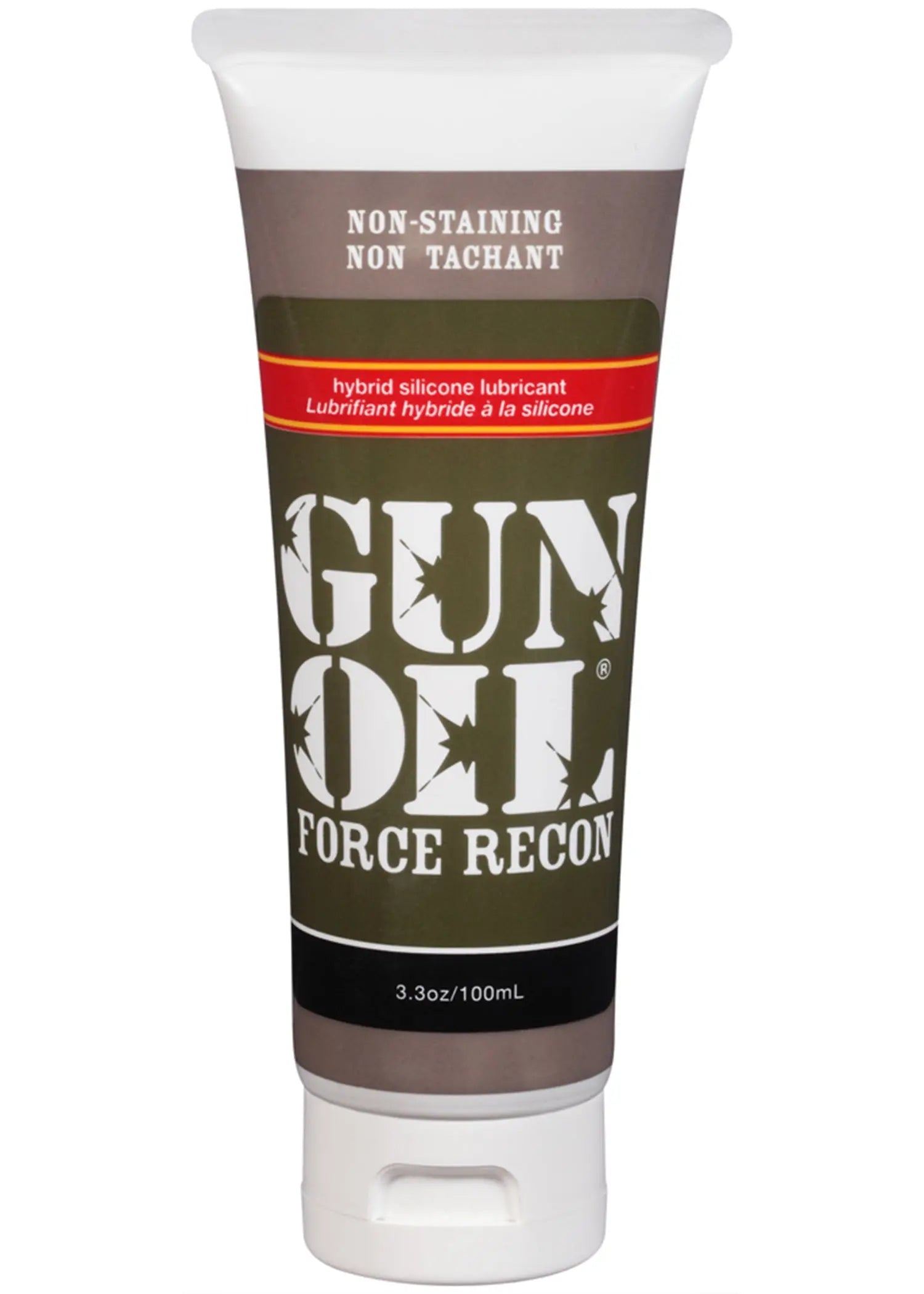 Lubricant gel tube with flip-top cap, olive label, red stripe and text