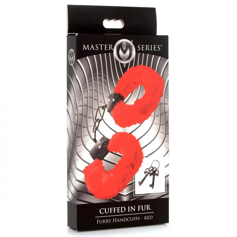 Cuffed in Fur Furry Handcuffs - Red – body-safe materials | Fu'Cha Exotics
