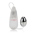 Vibrating egg massager with chrome metal shell and white control wand