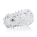 Transparent bullet-shaped massager with textured nubs and ridged grip detail