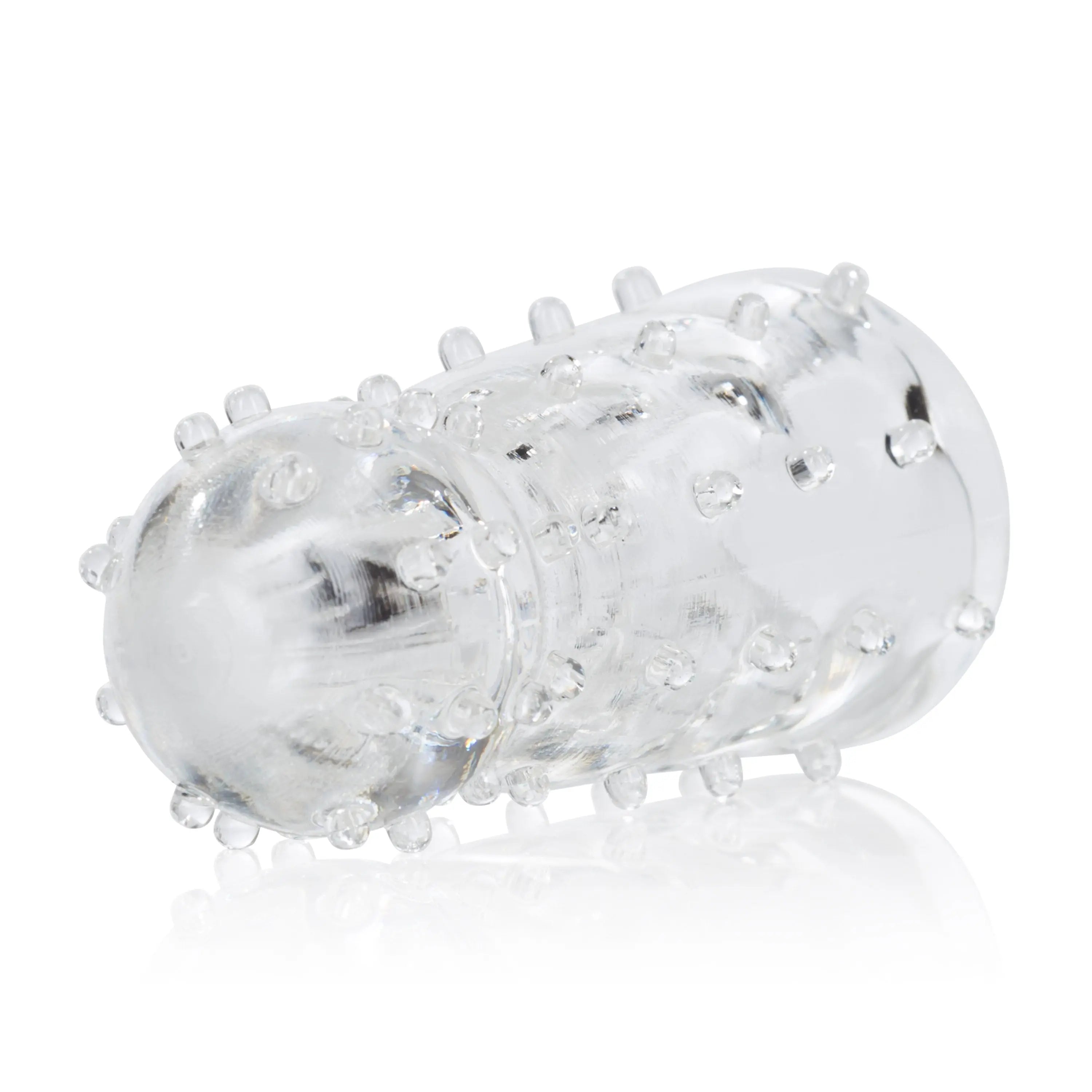 Transparent bullet-shaped massager with textured nubs and ridged grip detail