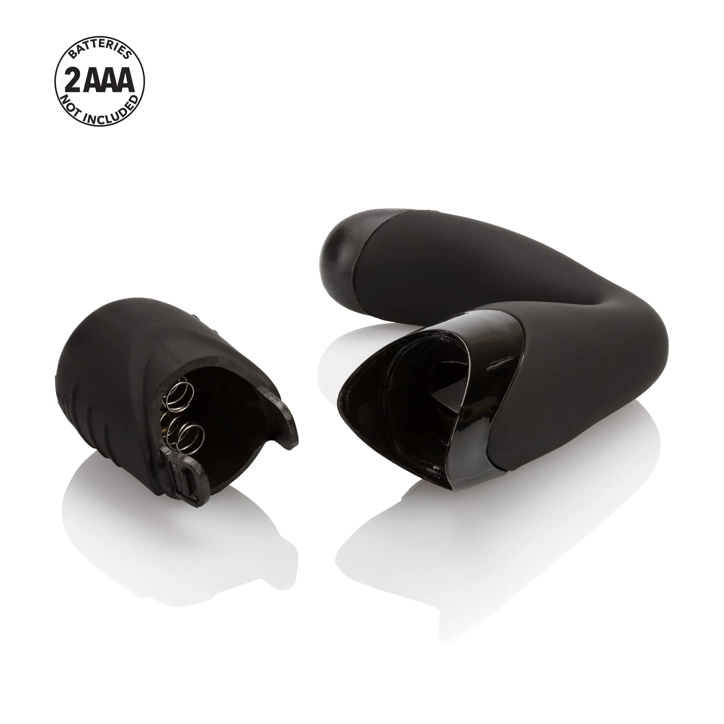 Compact prostate massager with curved, rounded black handle and tapered tip