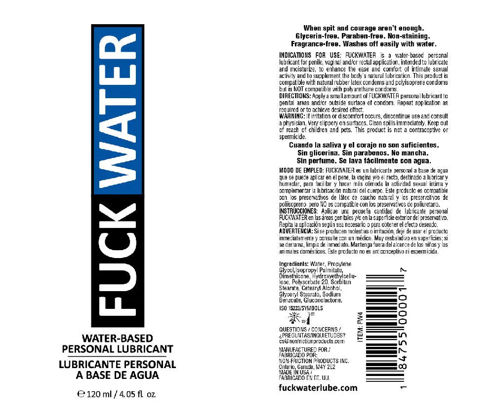 Fuck Water Water-Based Lubricant - 4 Fl. Oz. – body-safe materials | Fu'Cha Exotics