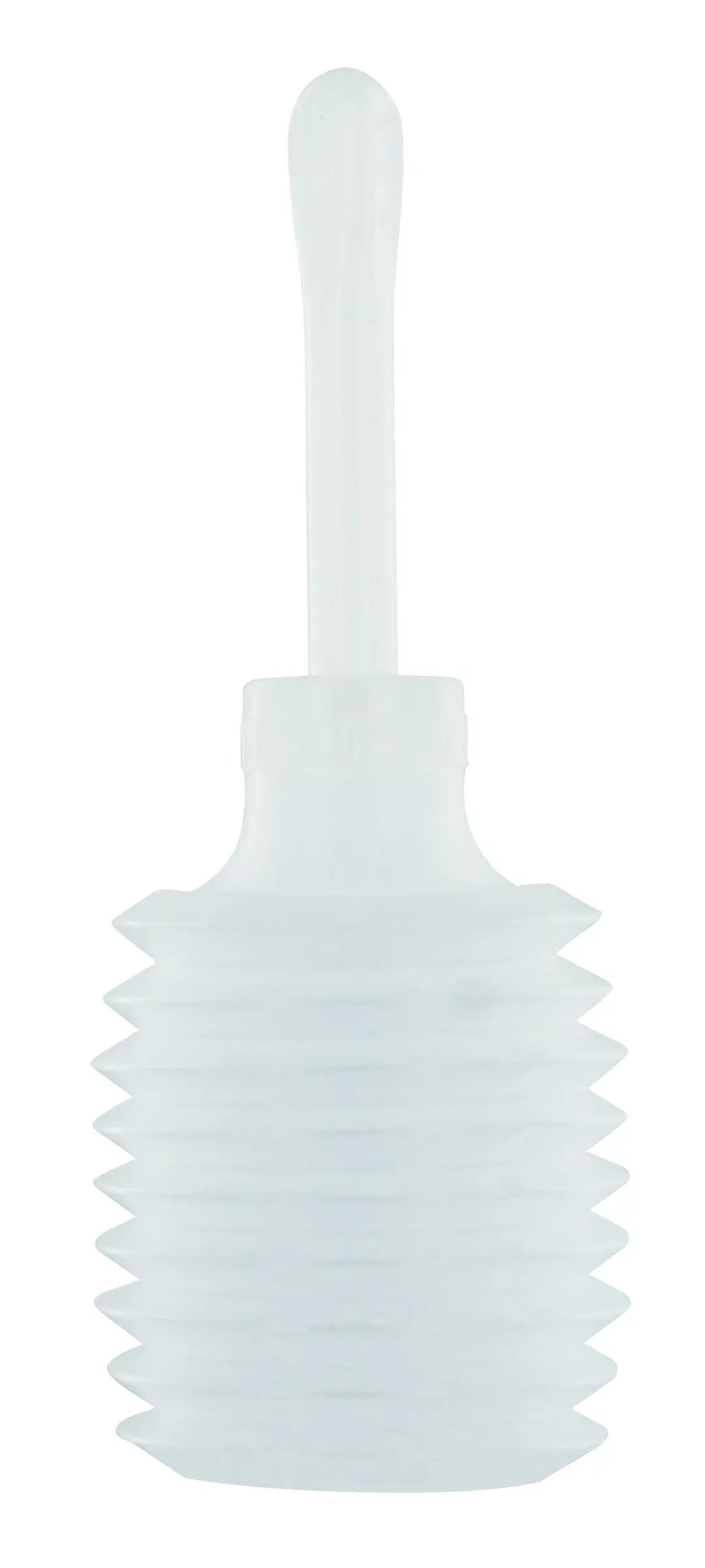 Disposable enema applicator, clear ridged bulb with narrow nozzle tip