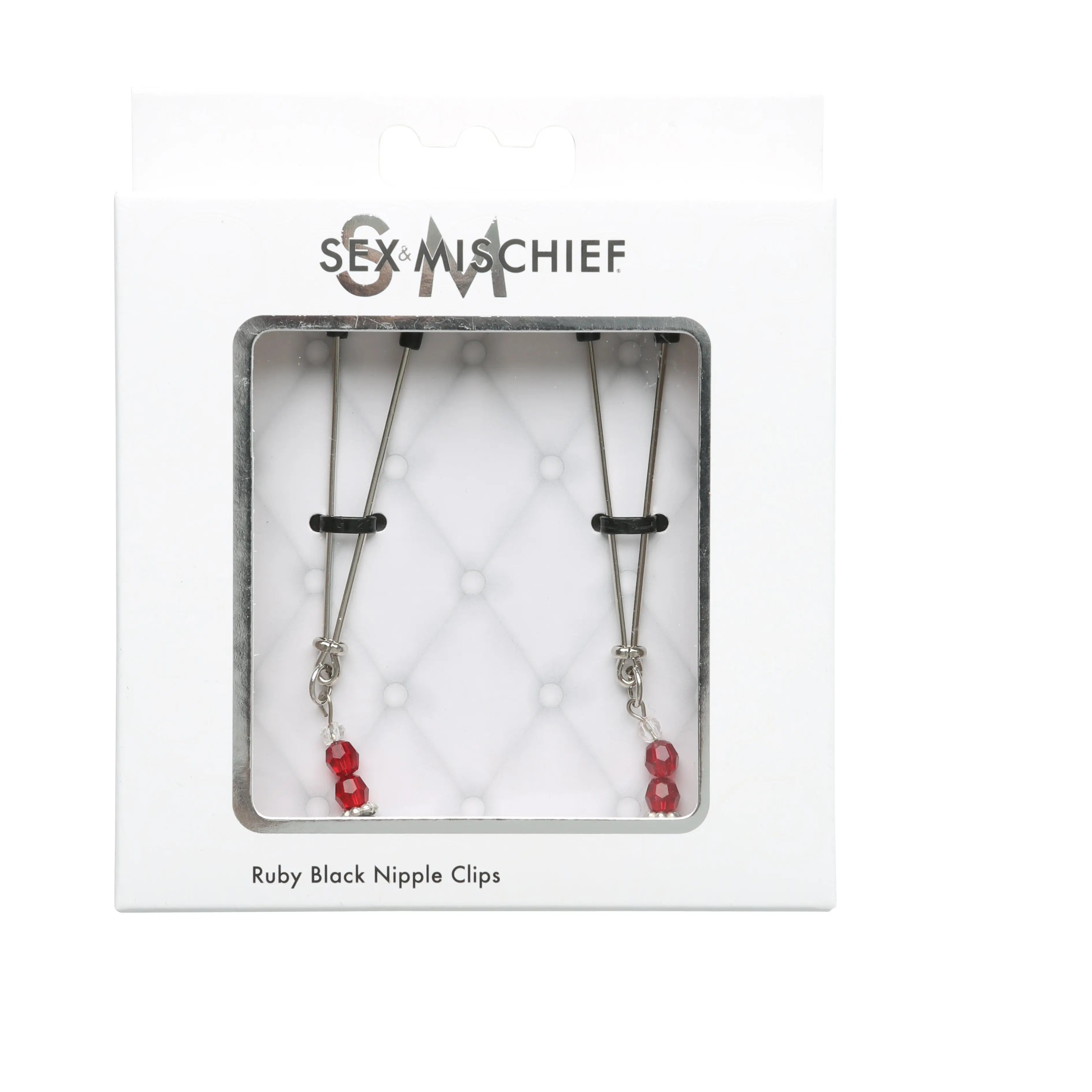 Sex and Mischief ruby black nipple clips with red bead accents