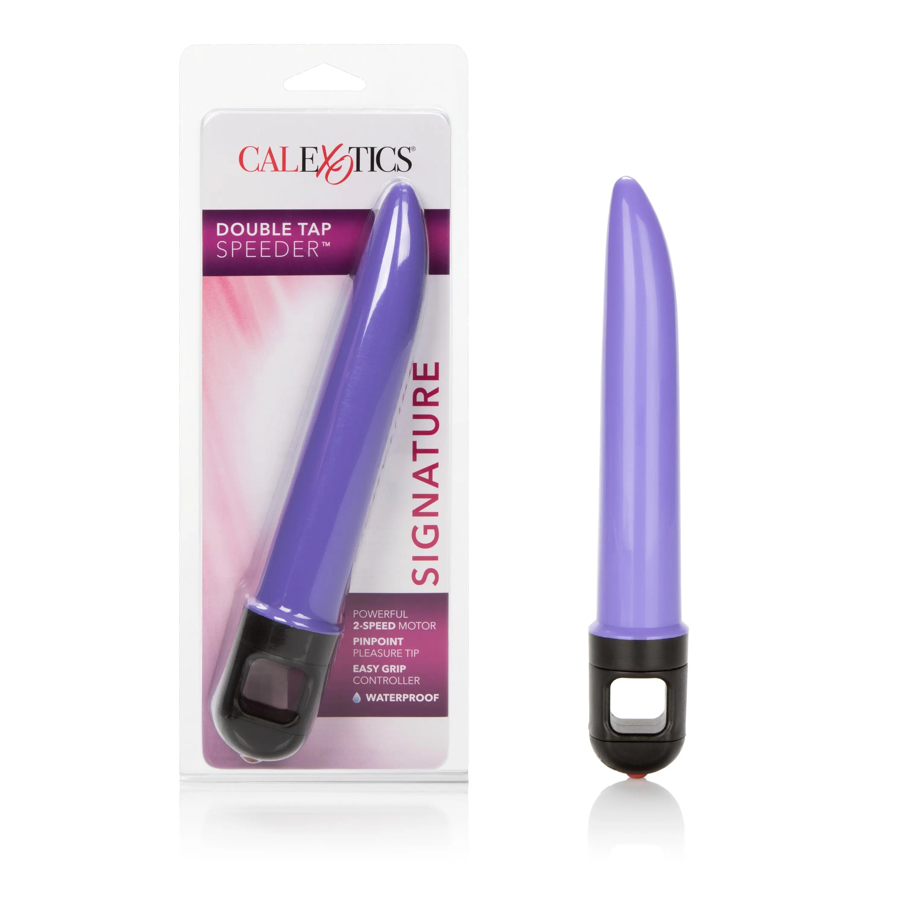 Purple wand vibrator with black base, waterproof double-tap speeder, 6.5 in
