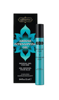 Cooling arousal gel bottle with teal liquid, shown with black product box