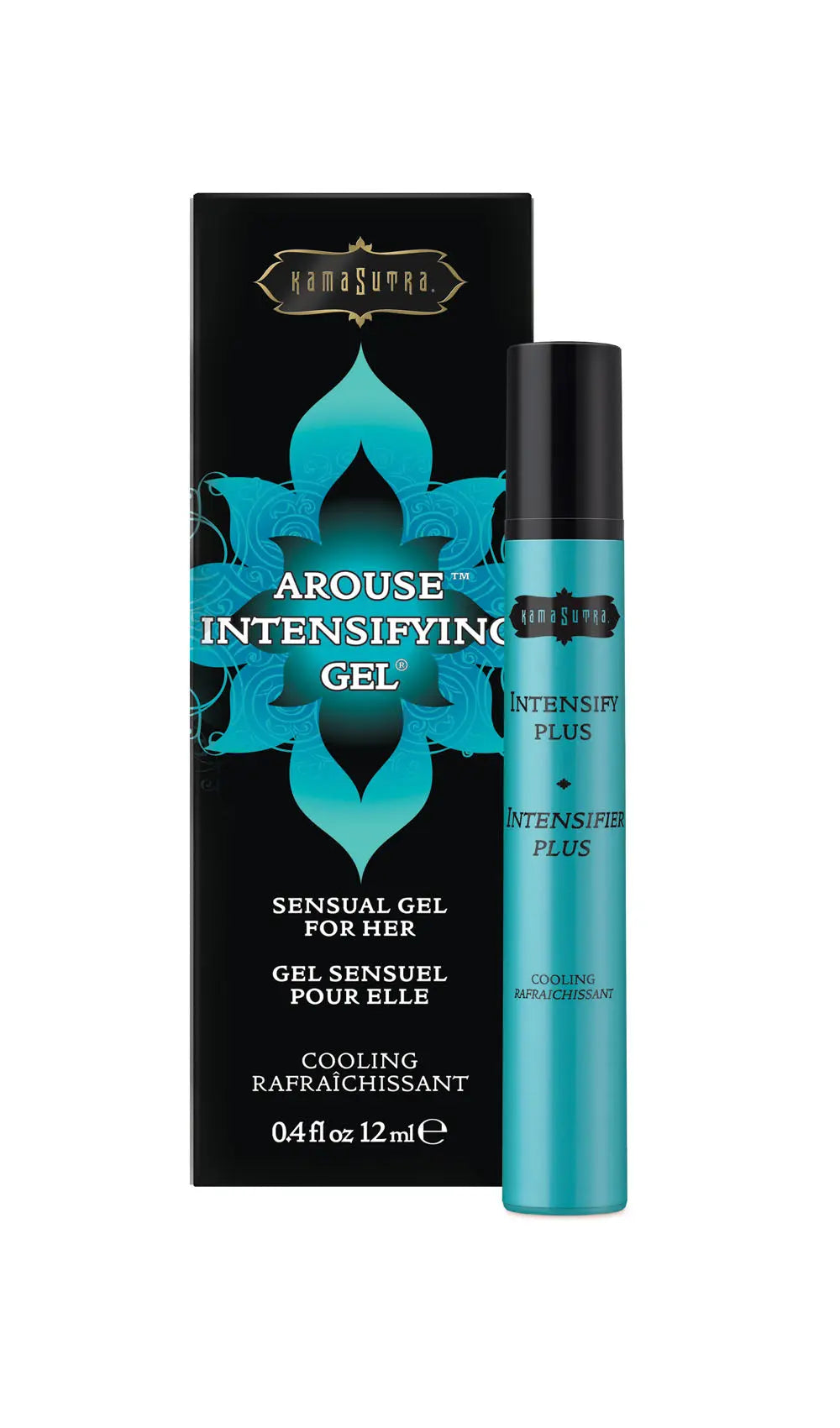 Cooling arousal gel bottle with teal liquid, shown with black product box