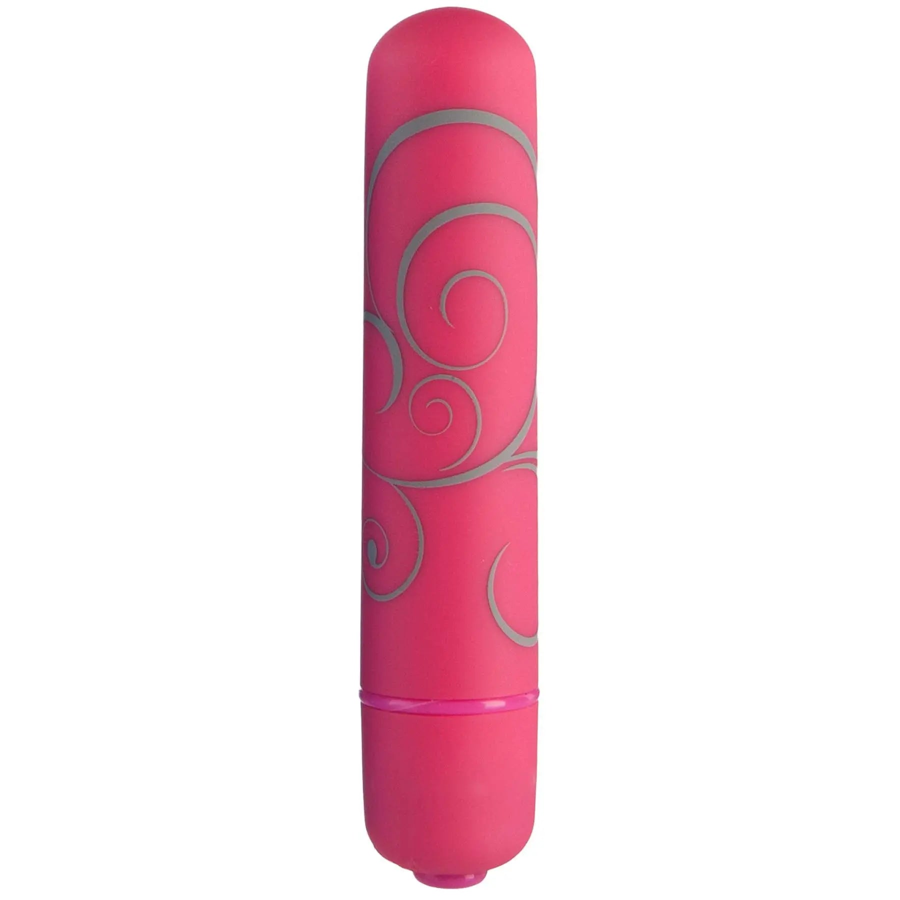 Pink handheld electric massager with curved shape and swirl pattern