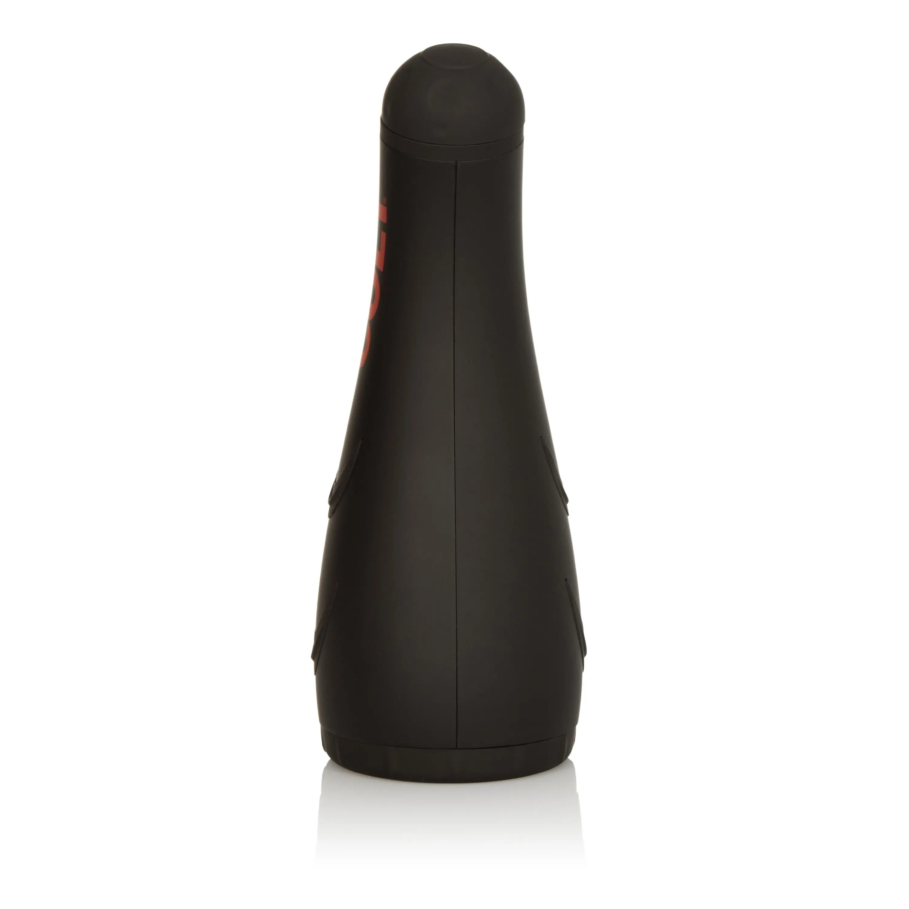 Black cylindrical bottle with rounded cap and small side label