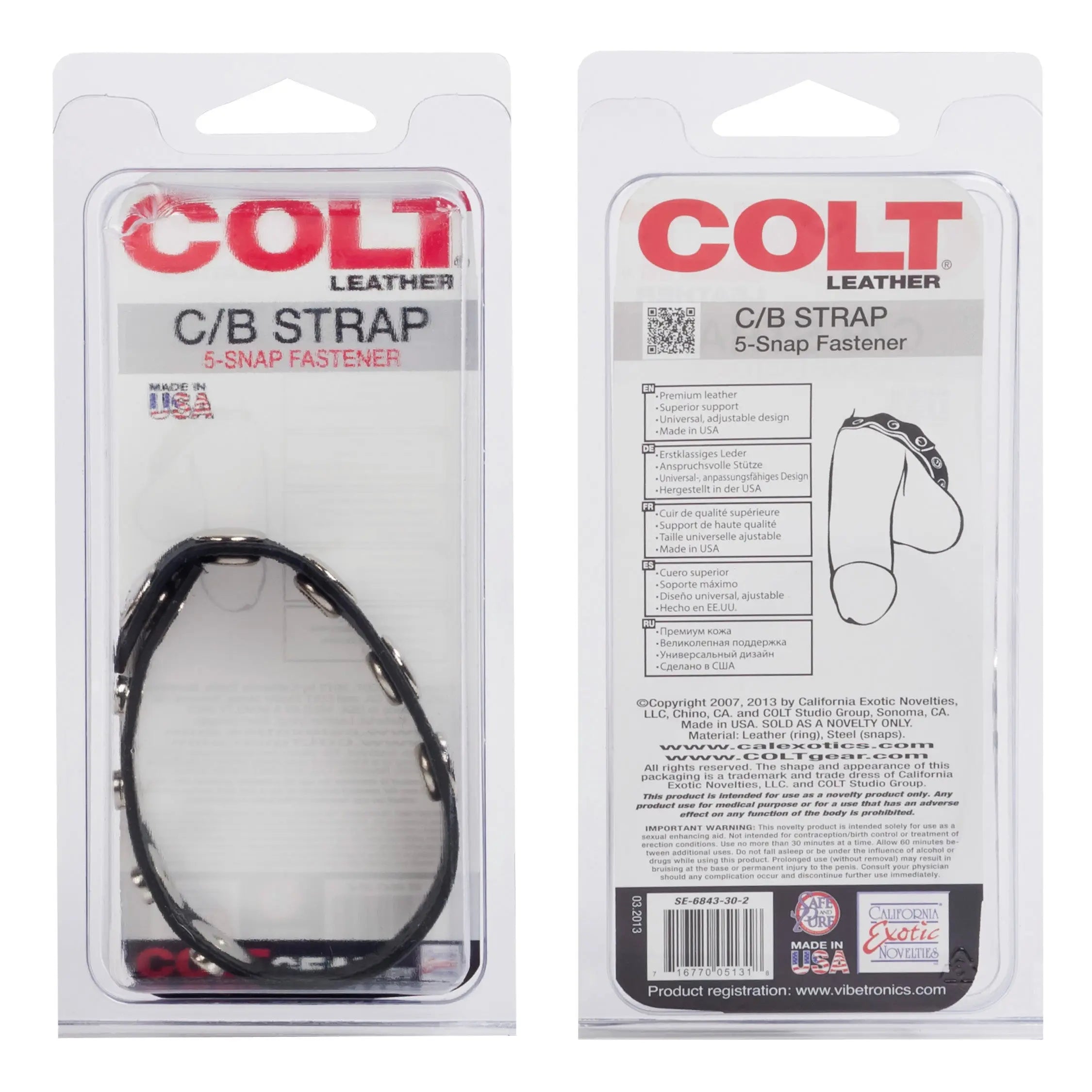 Adjustable leather strap with 5 snap fasteners, shown in packaging, black