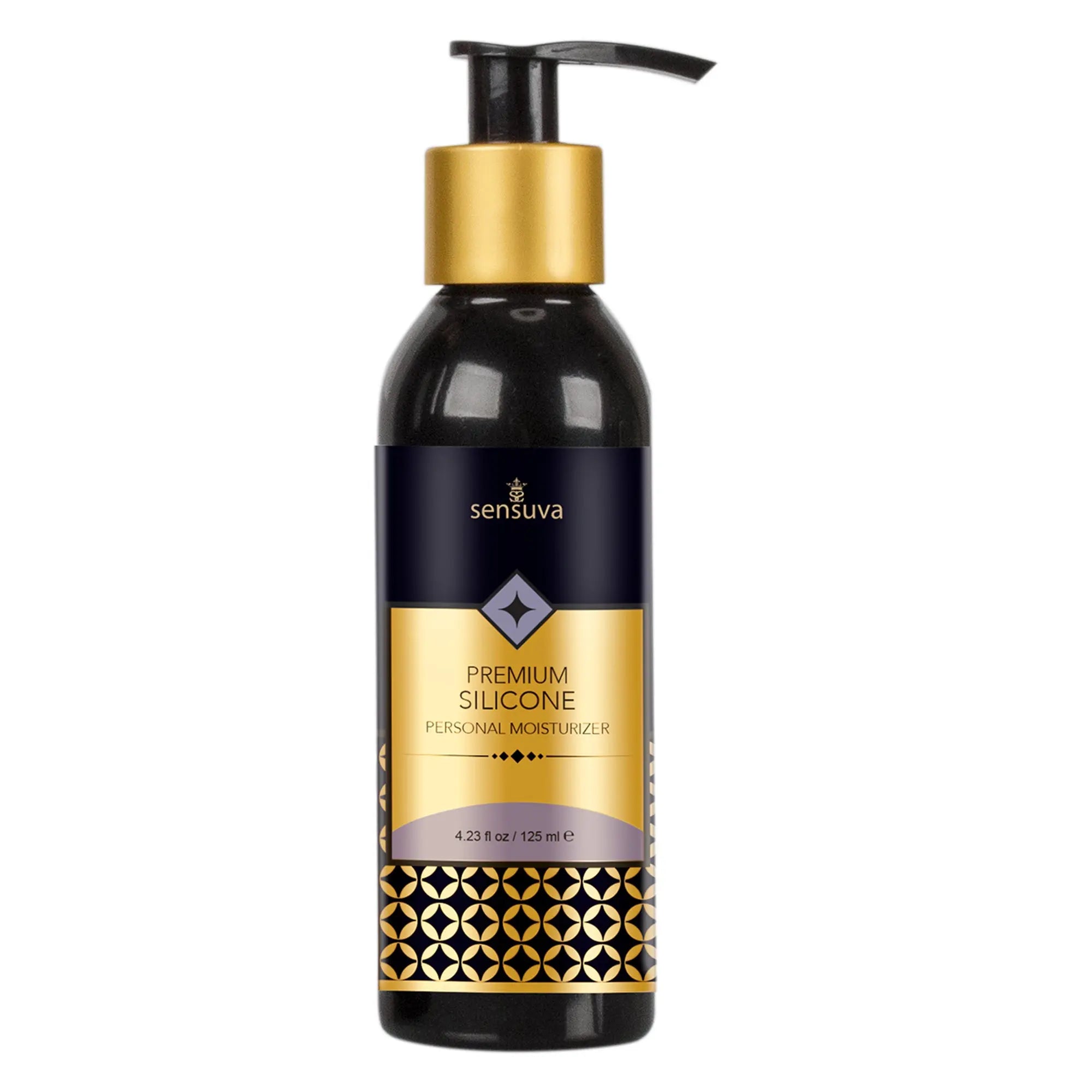 Silicone personal moisturizer bottle with gold pump, dark amber glass, 4.23 fl oz